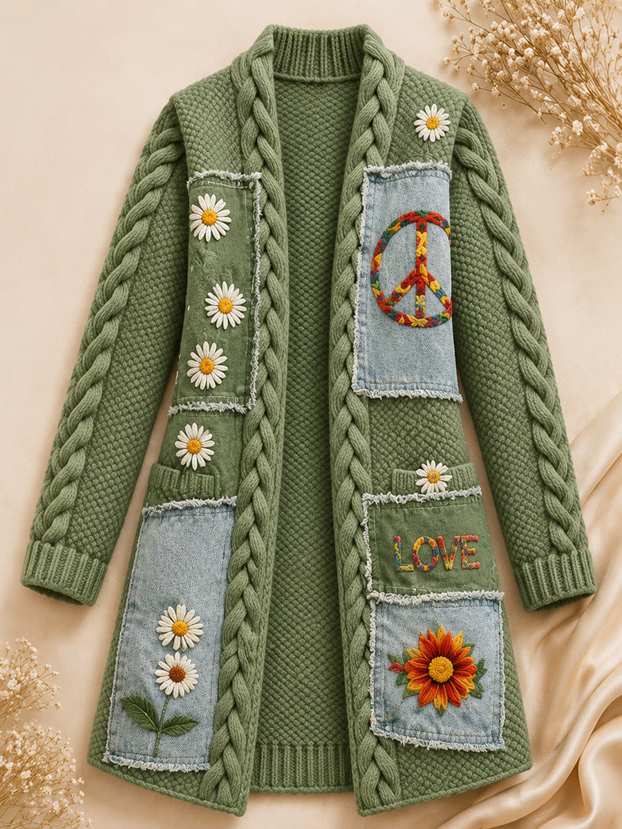 Retro Style Art Print Casual Pocket Mid-Length Knitted Cardigan Coat