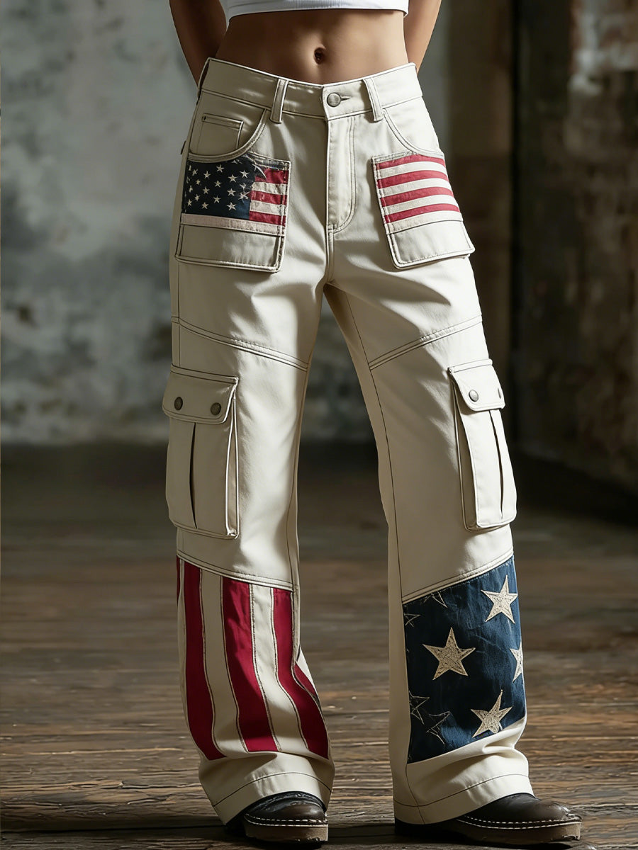 Women's American Flag Art Print Retro Workwear Style Wide Leg Pants