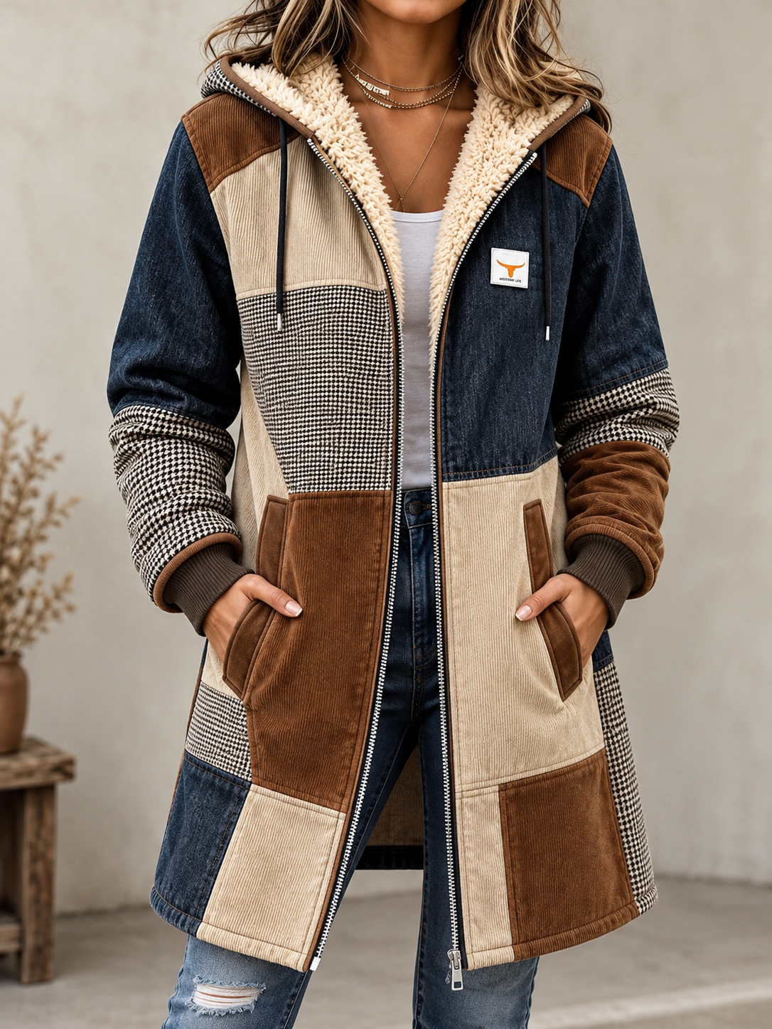 Western Style Color Block Long Sleeve Hoodie Coat