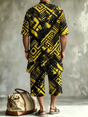 Men's Fashionable Abstract Geometric Stripe Print Casual Henley Collar Short-sleeve Linen Top Shorts Two-piece Set