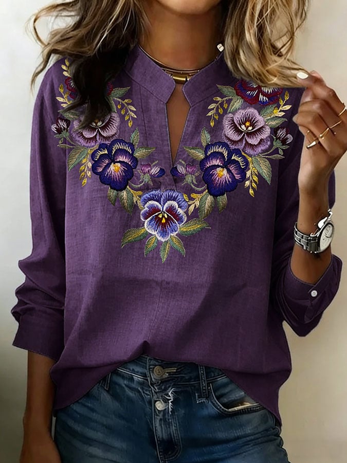 Women's Vintage Purple Floral Print Art Shirt