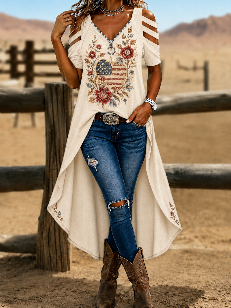 American Style Short Sleeve Off Shoulder Irregular Shirt