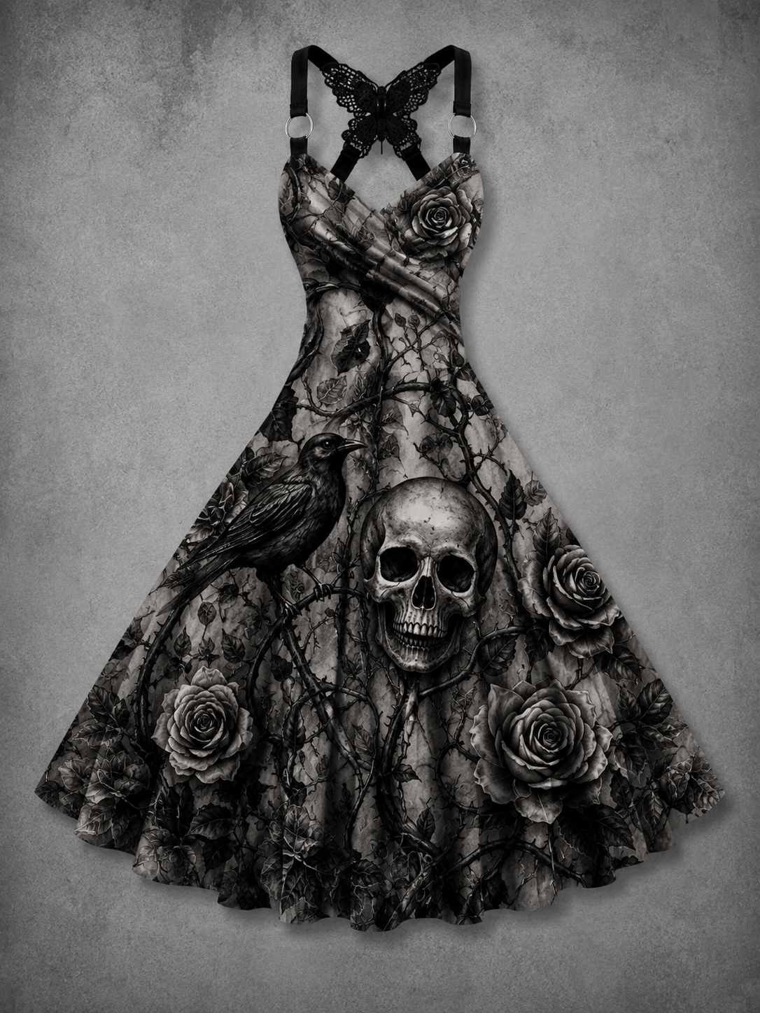 Gothic Art Print Vintage V-Neck Sleeveless Midi Dress