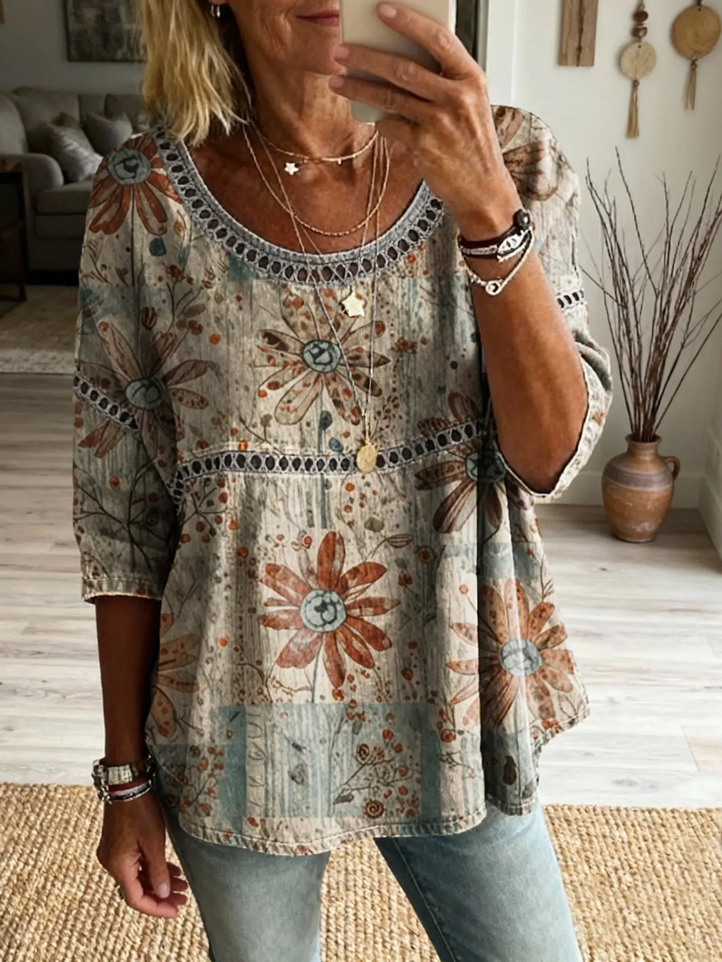 Bohemian Vintage Floral Art Print Casual Round Neck Top