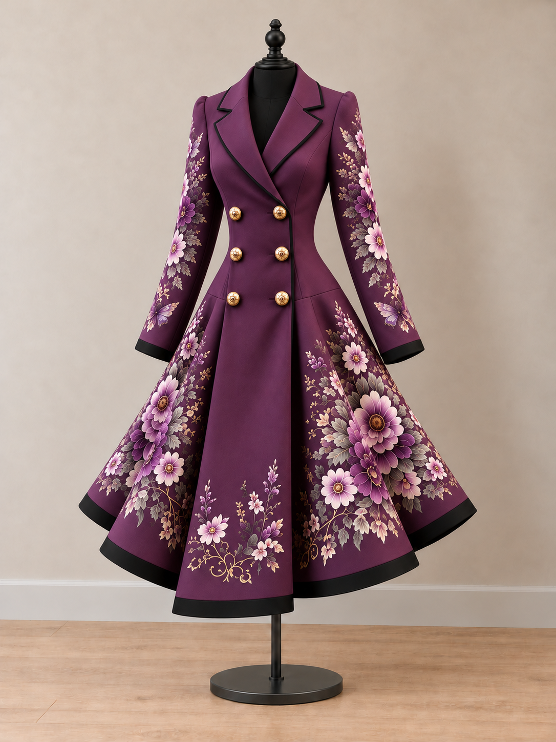 Women's Vintage Art Print Double-Breasted Fit and Flare Blazer Dress
