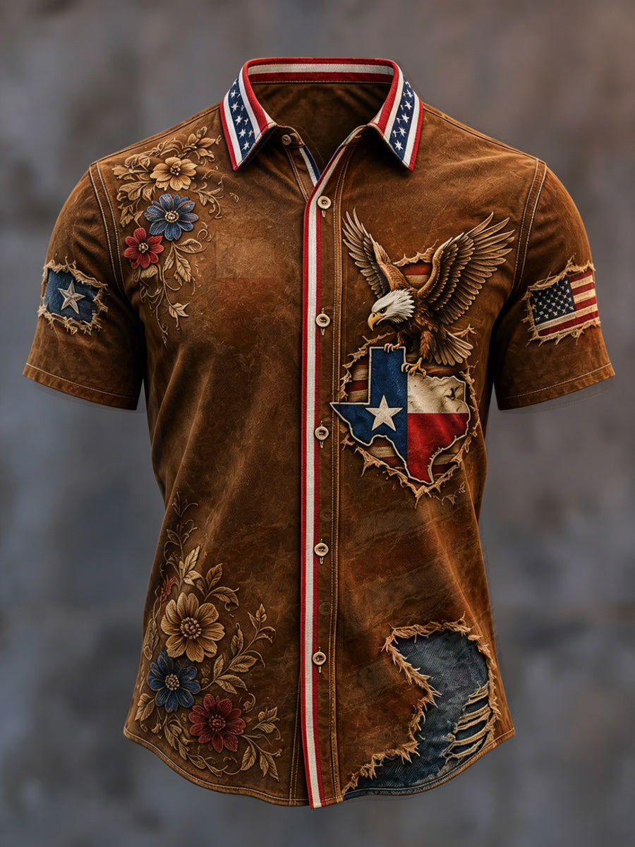 Retro American Eagle Texas Art Printed Round Neck Short Sleeves Shirt