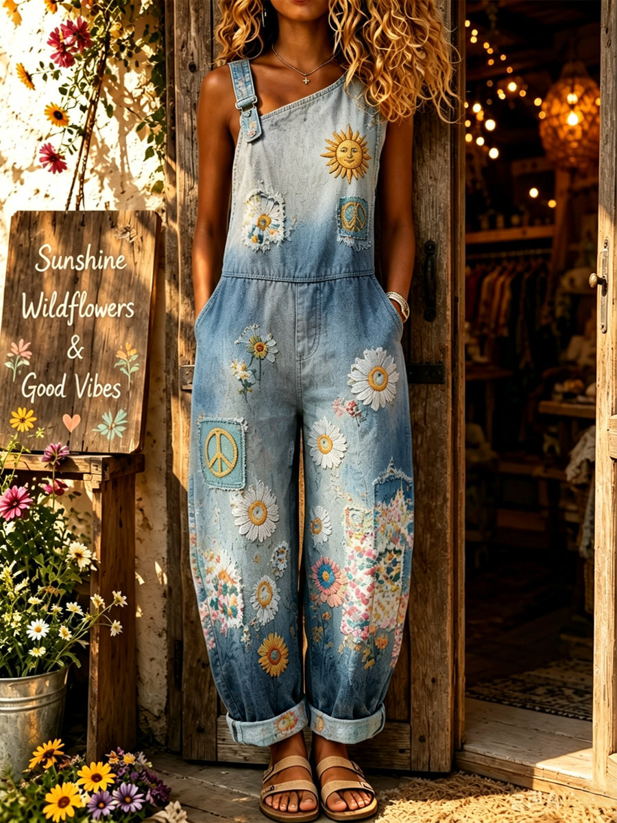 Women's Retro Style Art Print Washed Cotton Denim Patchwork Sleeveless Jumpsuit