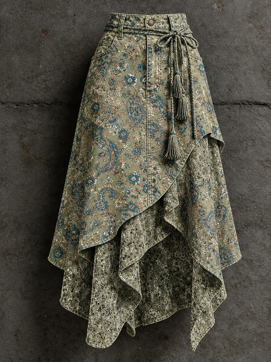 Women's Retro Style Art Print Irregularly Layered Stitched Skirt