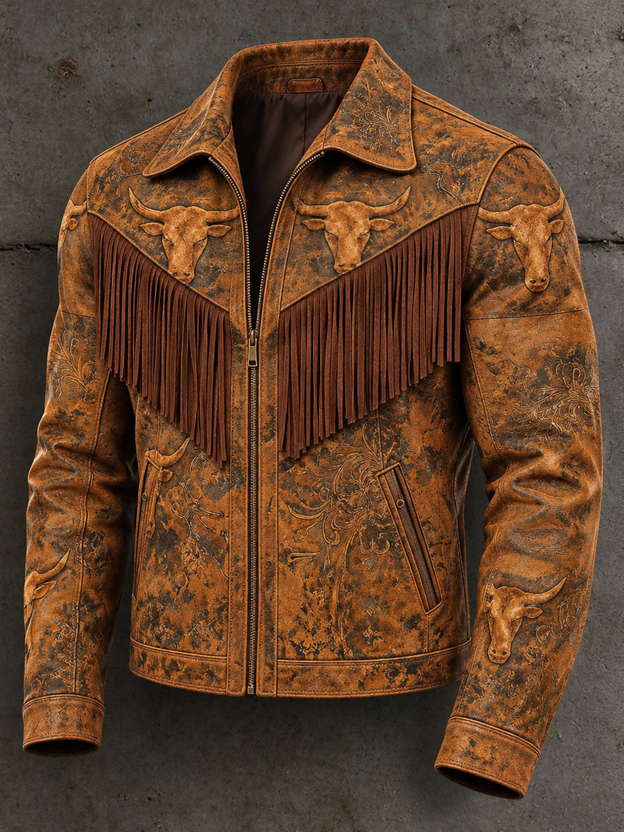 Men's Retro Style Art Print Western Vintage Tassel Casual Zipper Jacket