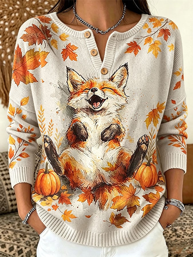Women's Casual Print Button-Up Collar Knit Top
