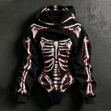 Women's Halloween Blood Stain And Skeleton Print Hoodie Two-piece Set