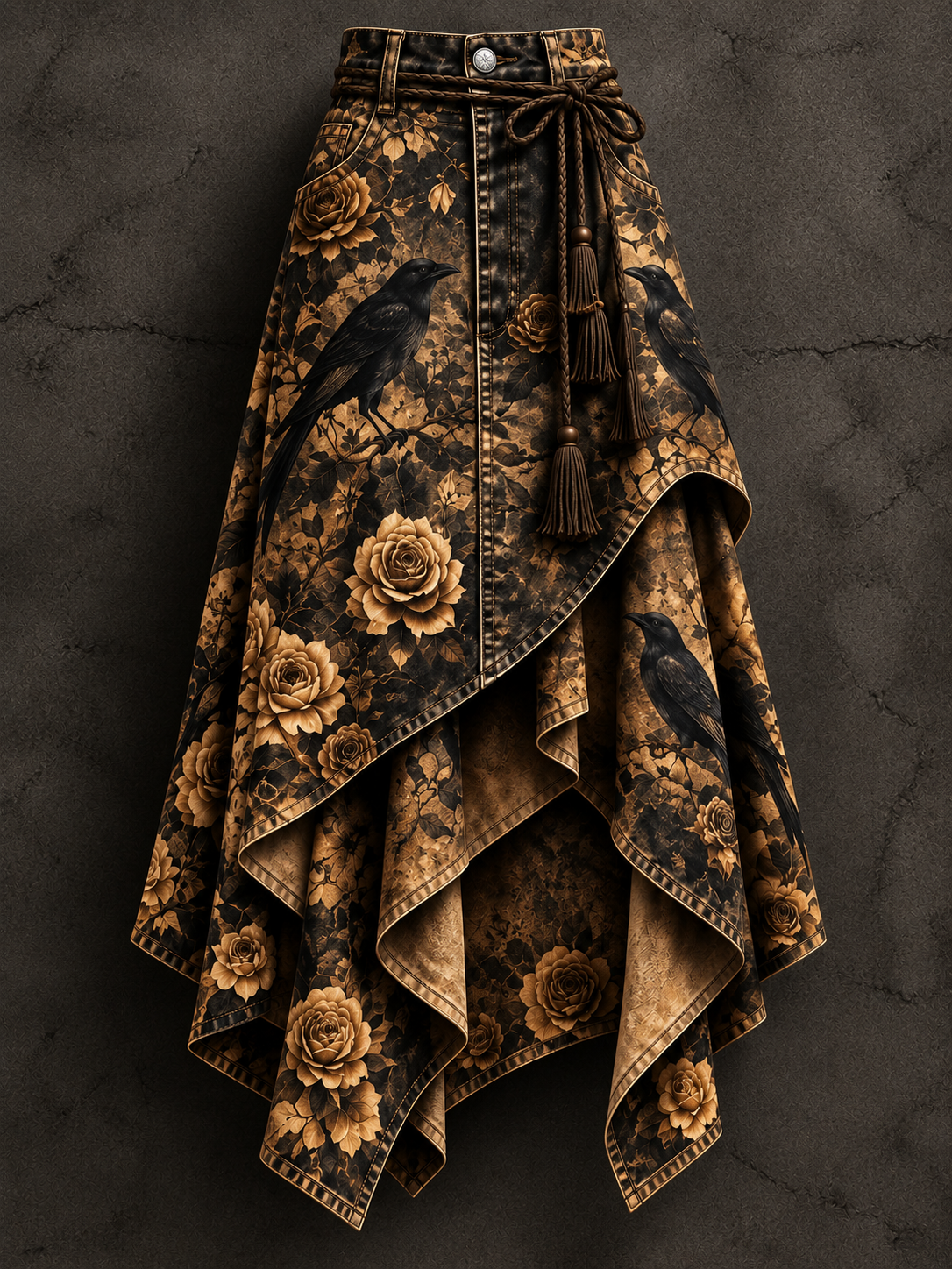 Women's Gothic Raven Floral Art Print Irregularly Layered Stitched Skirt