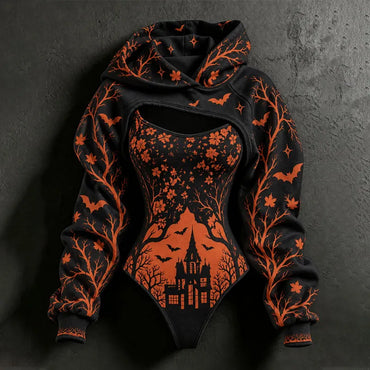 Women's Halloween Gothic Style Plant Forest Deep Castle Print Pullover Sweatshirt Two-piece Set