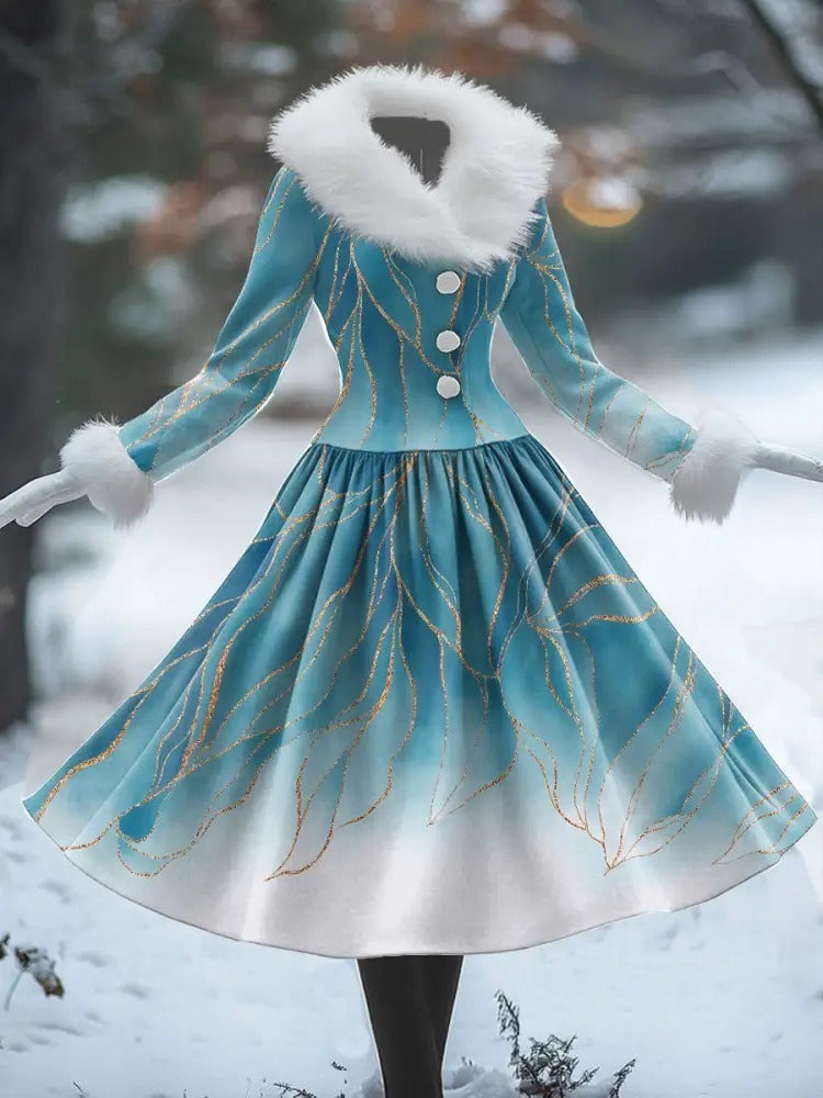 Floral Print Vintage Elegant Fur Collar Long Sleeve Midi Dress