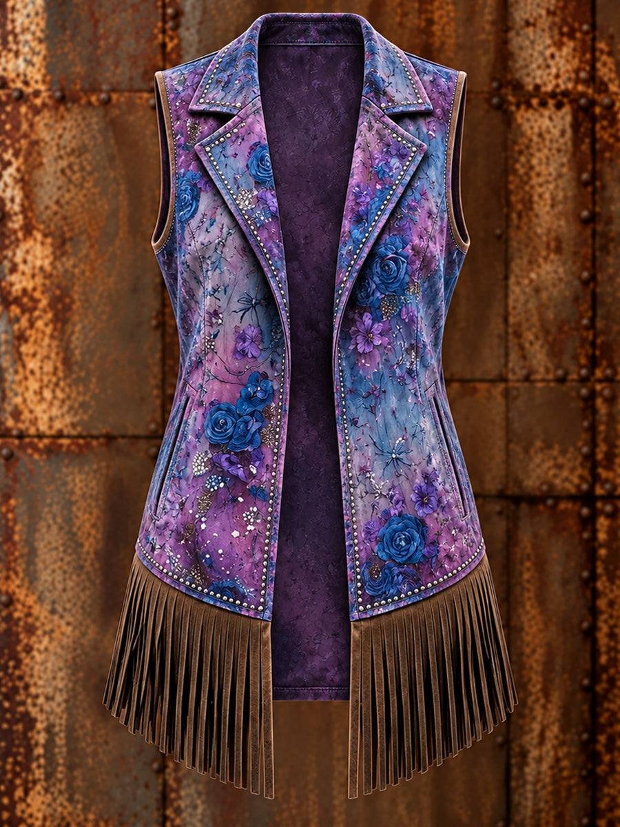 Women's Western Art Print Sleeveless Fringe Jacket