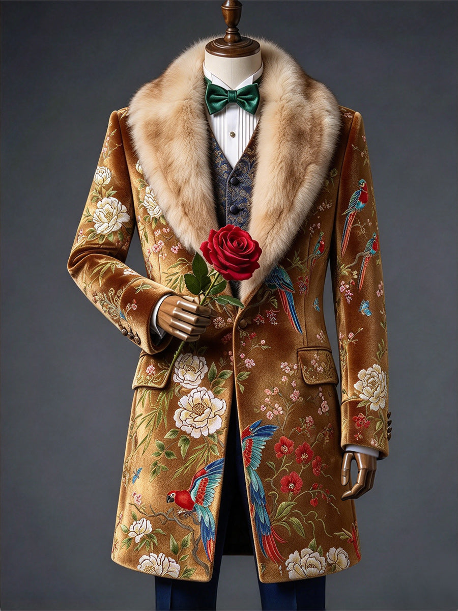 Men's Christmas Art Print Fur Shawl Collar Double Breasted Long Overcoat