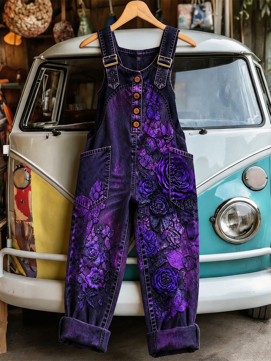 Women's Retro Style Art Print Washed Cotton Denim Patchwork Jumpsuit
