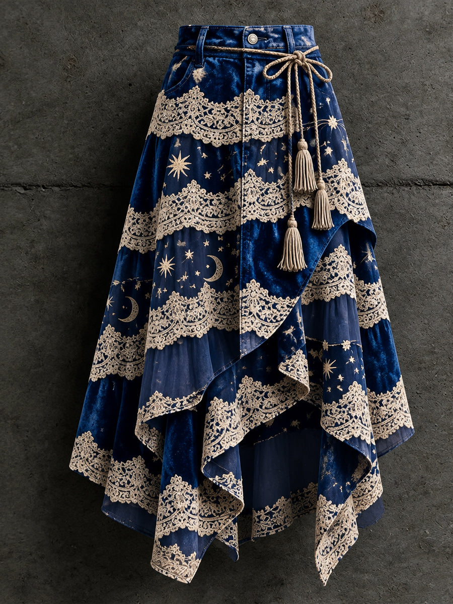 Women's Retro Style Art Print Irregularly Layered Stitched Skirt