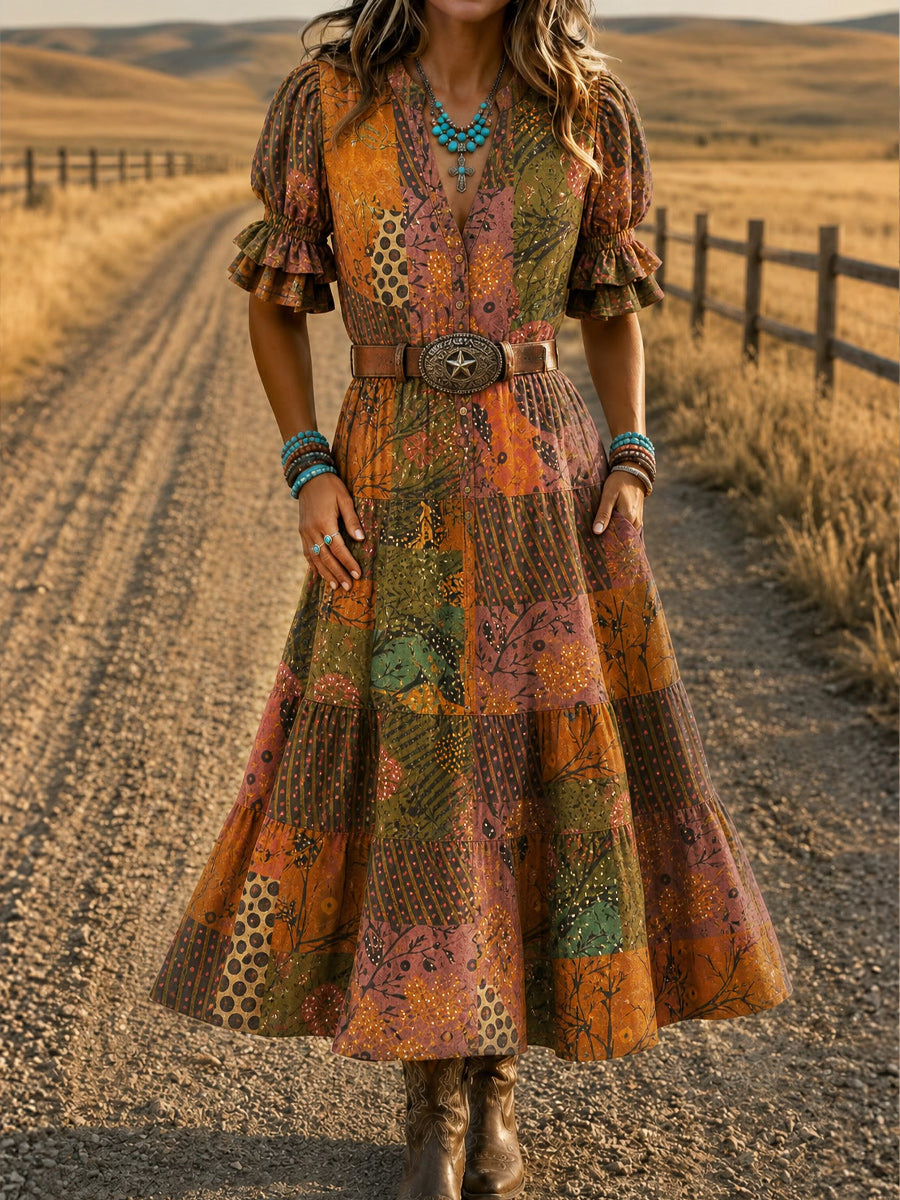 Women's Retro Art Print Washed Cotton Layered Patchwork Midi Dress