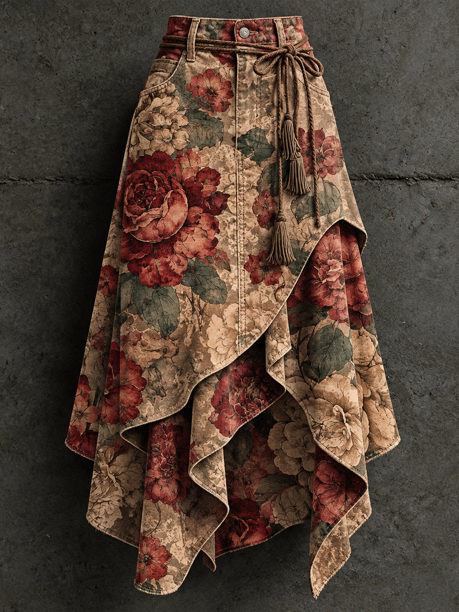 Women's Retro Style Art Print Irregularly Layered Stitched Skirt