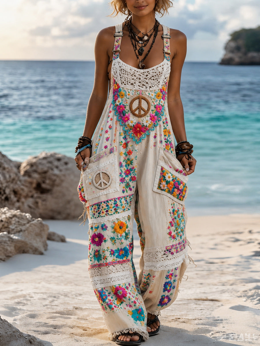Women's Retro Style Art Print Washed Cotton Denim Patchwork Jumpsuit