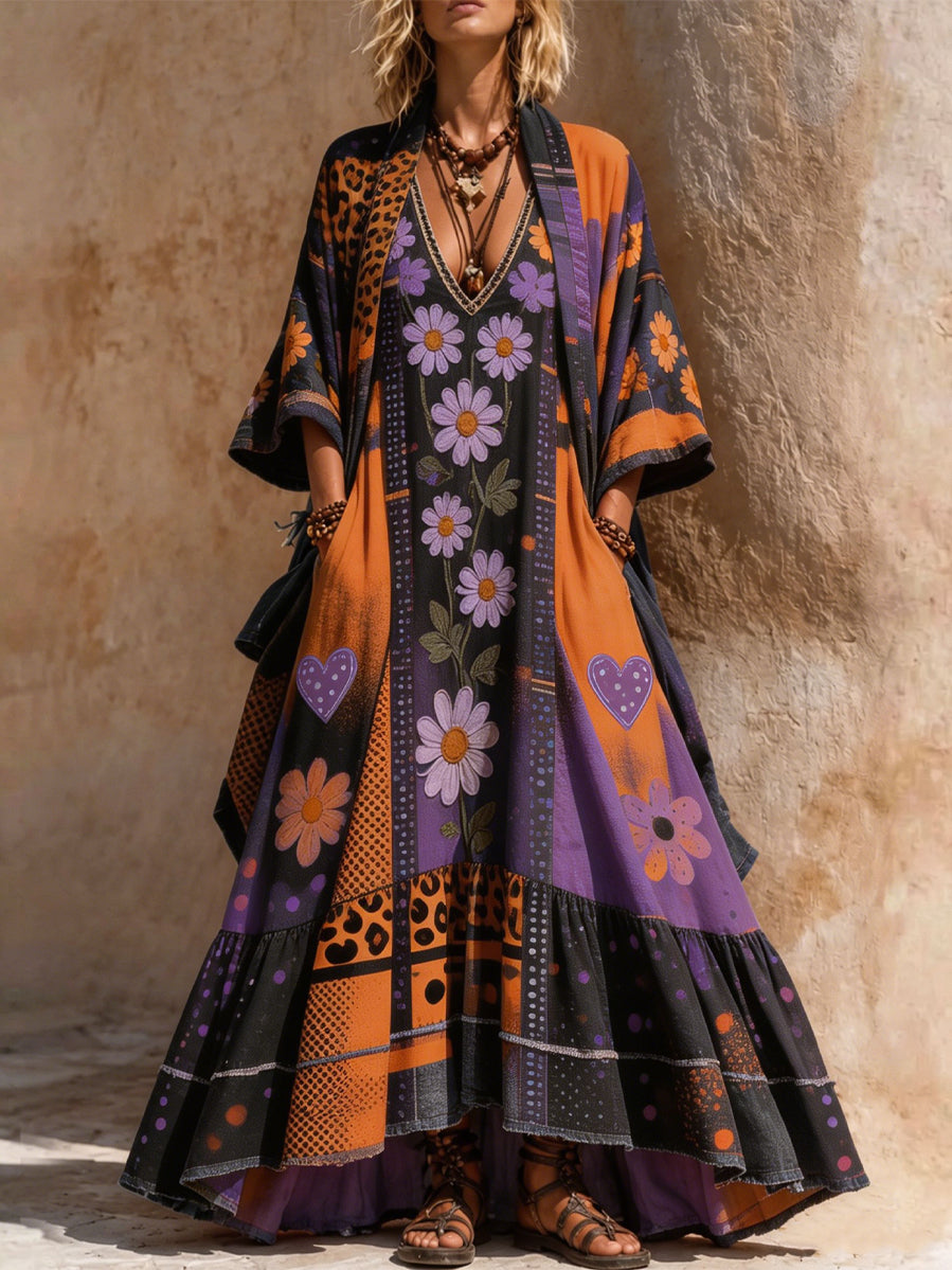 Retro Style Art Printed Vintage Camisole Dress Long Sleeve Two-Piece Maxi Dress