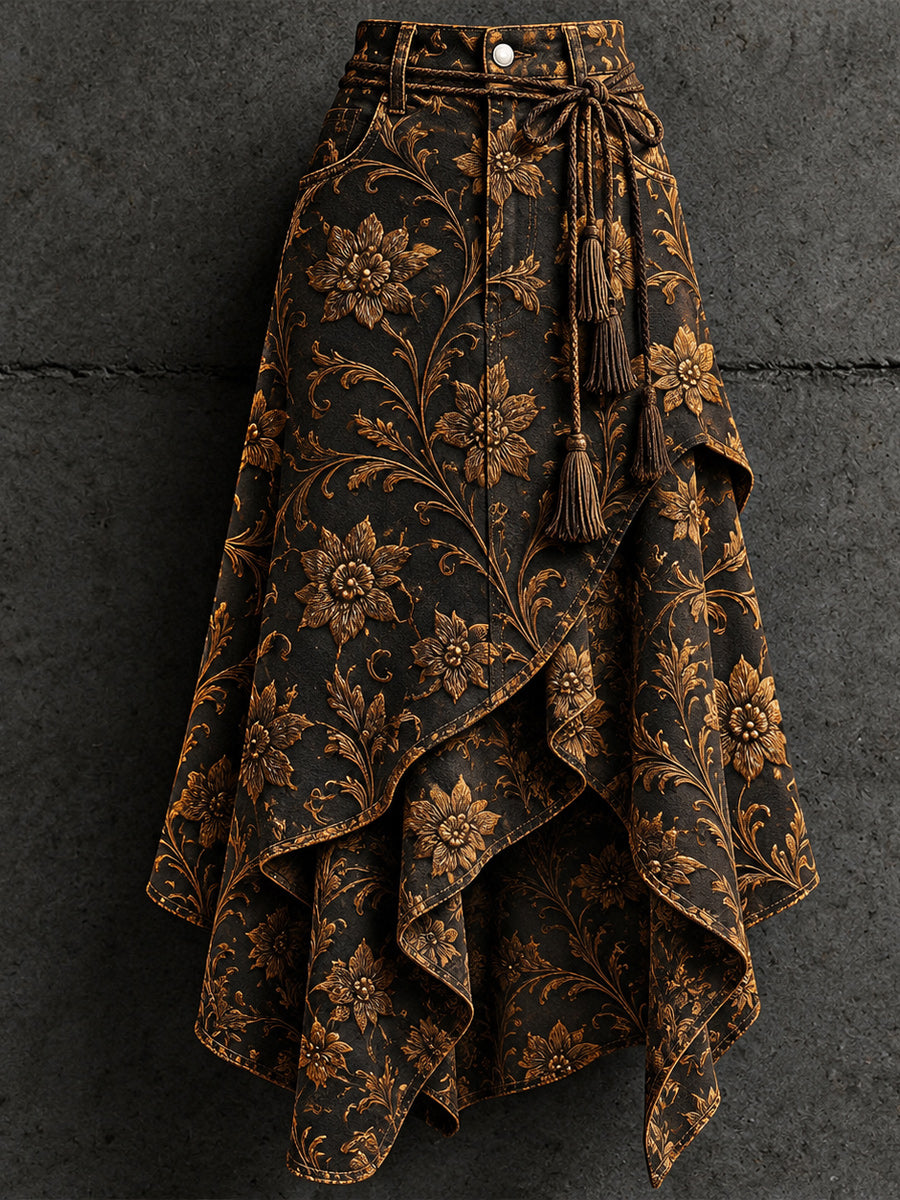 Women's Retro Style Art Print Irregularly Layered Stitched Skirt