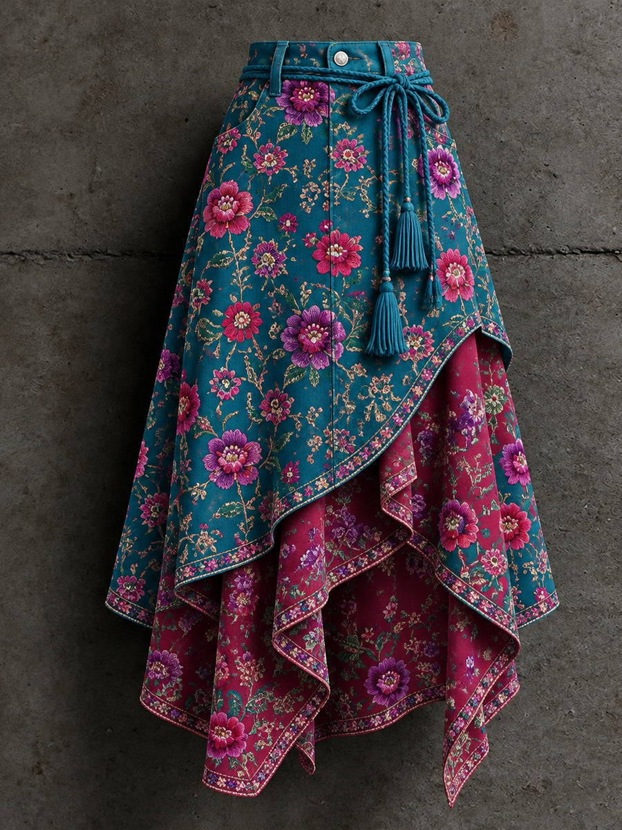 Women's Retro Style Art Print Irregularly Layered Stitched Skirt