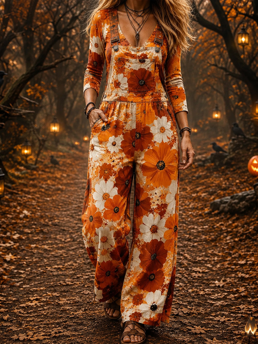 Women's Retro Style Art Print Washed Cotton Denim Patchwork Jumpsuit