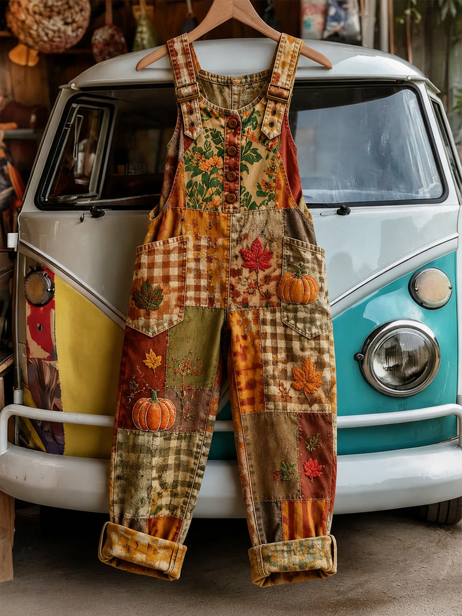 Women's Retro Style Art Print Washed Cotton Denim Patchwork Jumpsuit