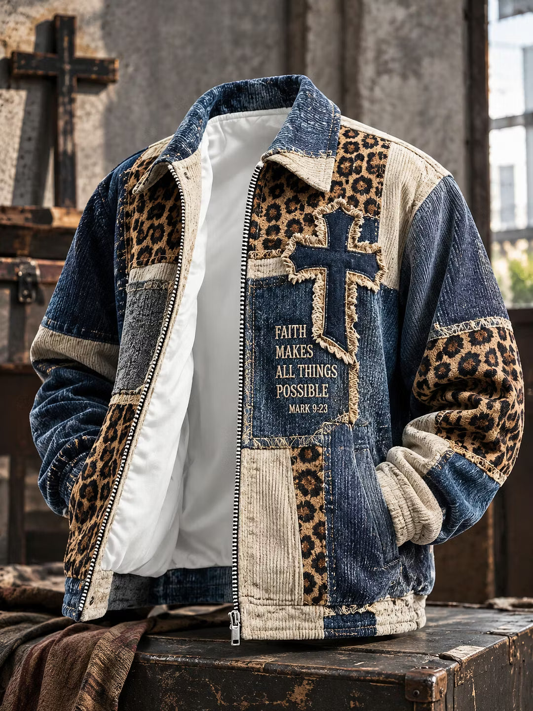 Men's Faith Makes All Things Possible Print Casual Zip Up Corduroy Jacket