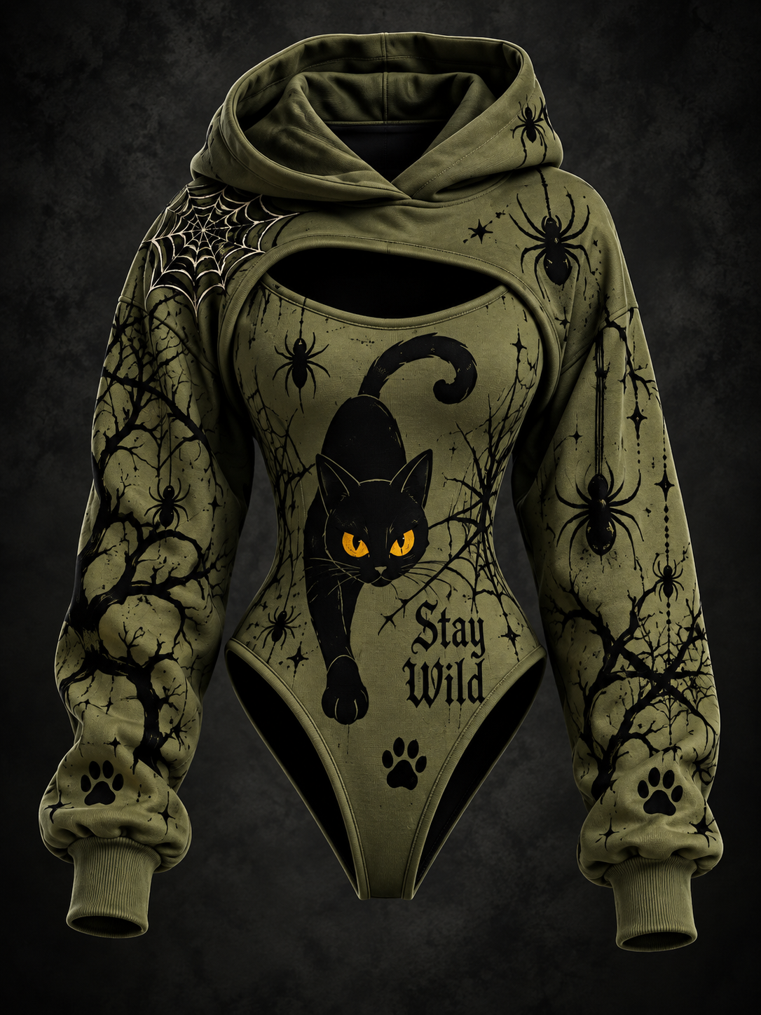 Women's Retro Halloween Black Cat Paw Bat Print Hoodie Two-piece Set