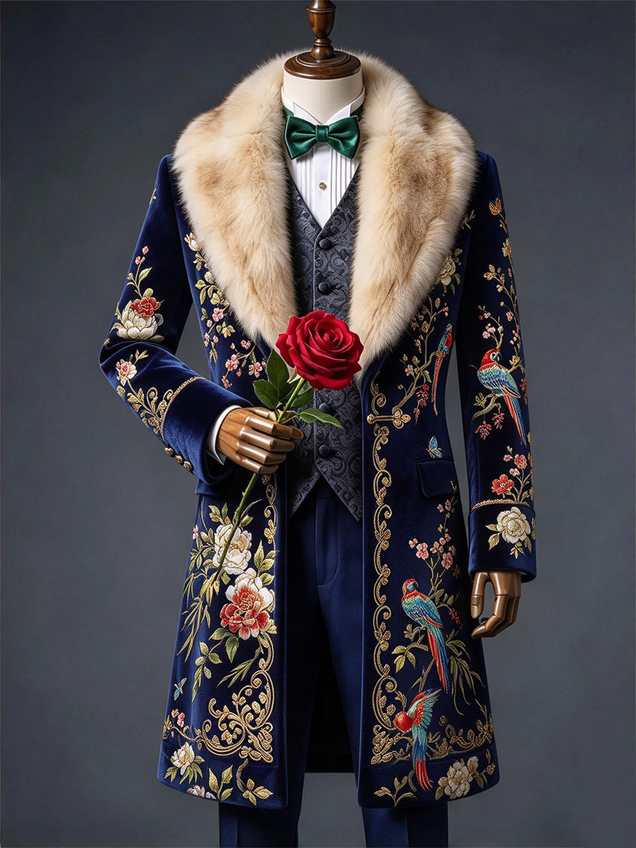 Men's Christmas Art Print Fur Shawl Collar Double Breasted Long Overcoat