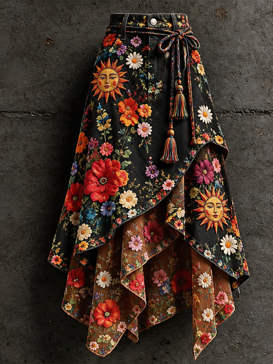 Women's Retro Style Art Print Irregularly Layered Stitched Skirt