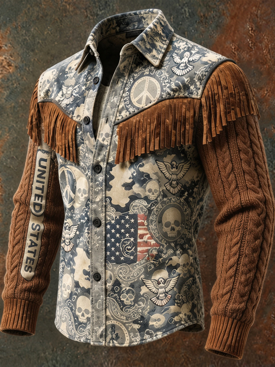 Men's Retro Style Art Print Western Vintage Tassel Casual Long Sleeve Shirt