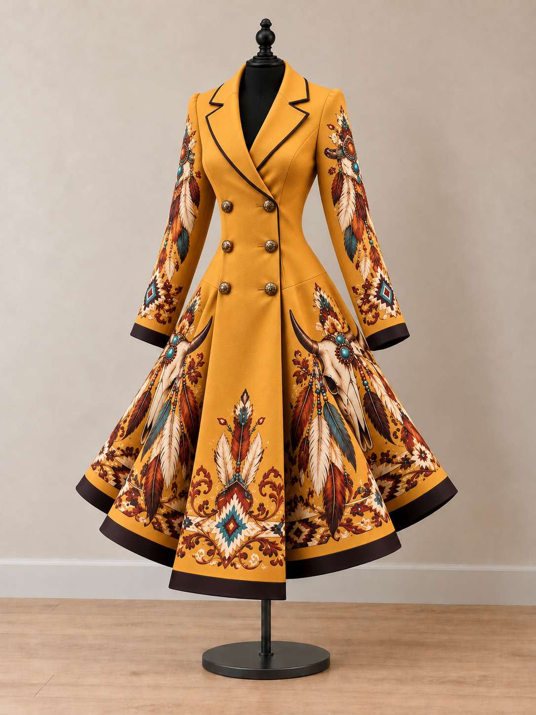 Women's Vintage Art Print Double-Breasted Fit and Flare Blazer Dress