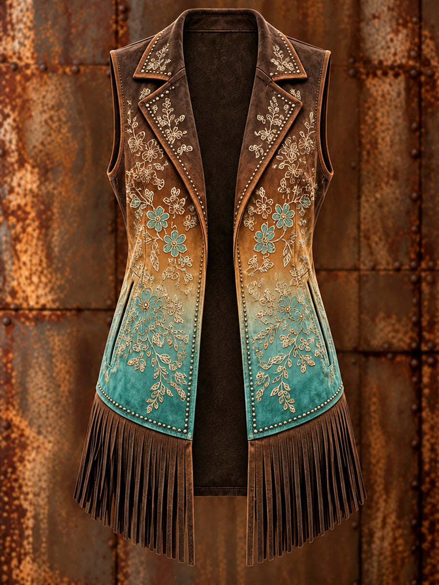 Women's Western Art Print Sleeveless Fringe Jacket