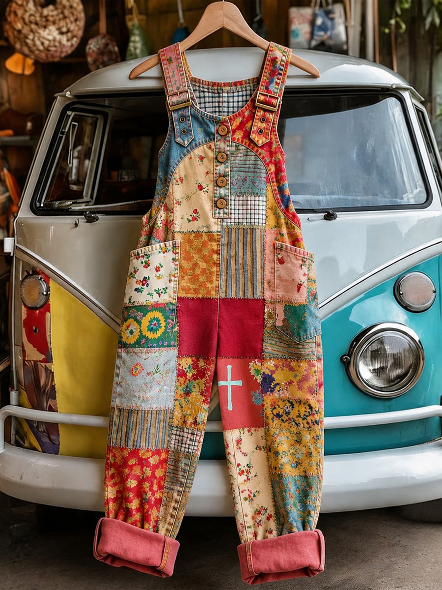 Women's Retro Style Art Print Washed Cotton Denim Patchwork Jumpsuit