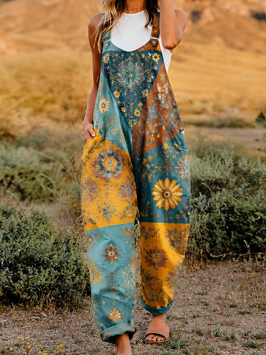 Women's Retro Style Art Print Washed Cotton Denim Patchwork Jumpsuit
