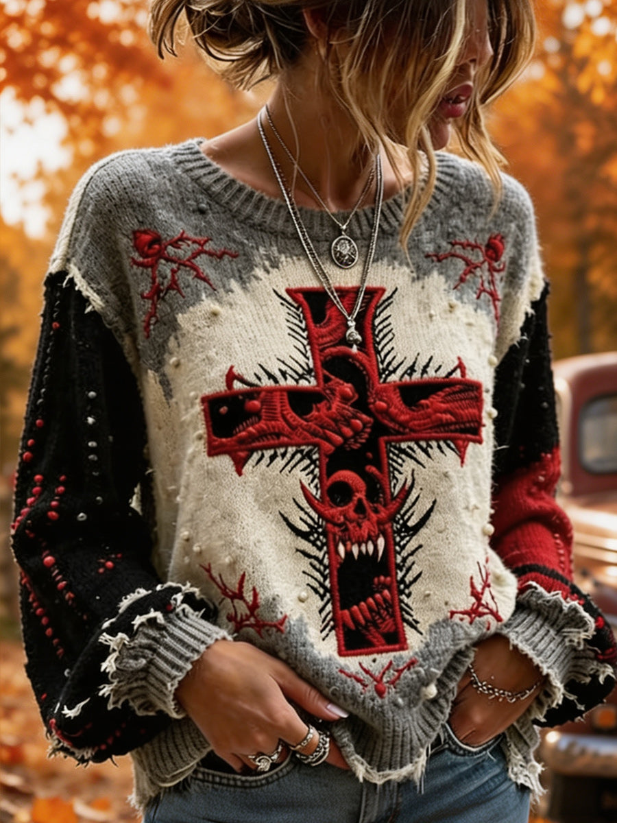 Retro Autumn Art Printed Vintage Round-Neck Casual Long Sleeve Top