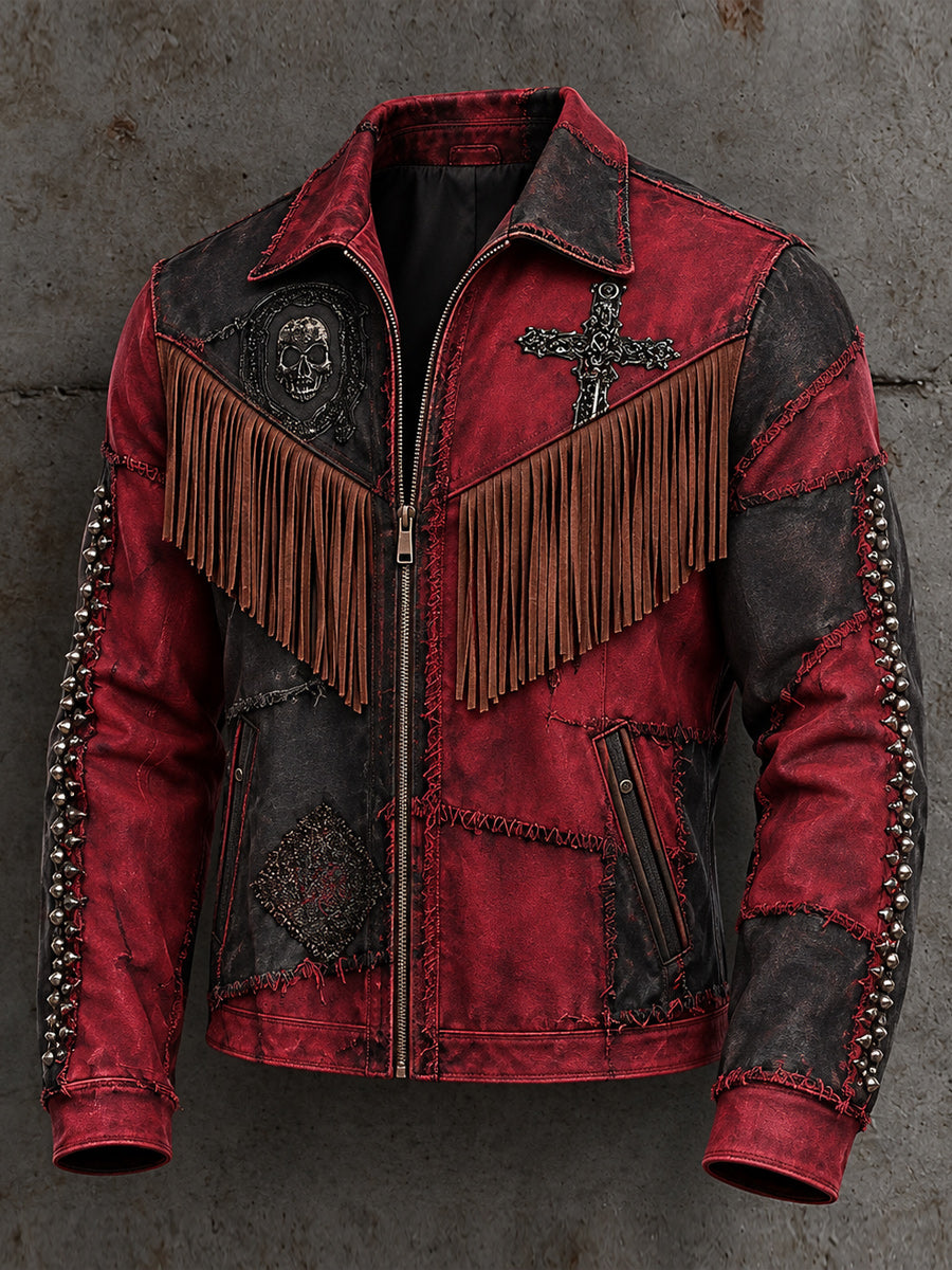Men's Retro Style Art Print Western Vintage Tassel Casual Zipper Jacket