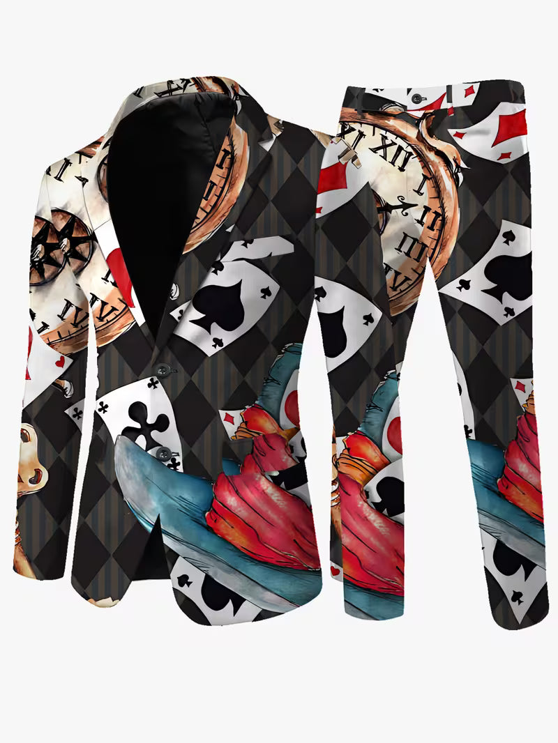 Men's Poker Card Art Print Casual Jacket Trousers Two-Piece Suits