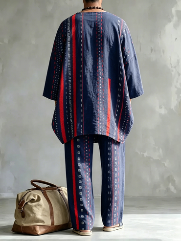 Men's Fashionable Stripes Print Casual Comfort Crew Neck Top And Pants Two-piece Set