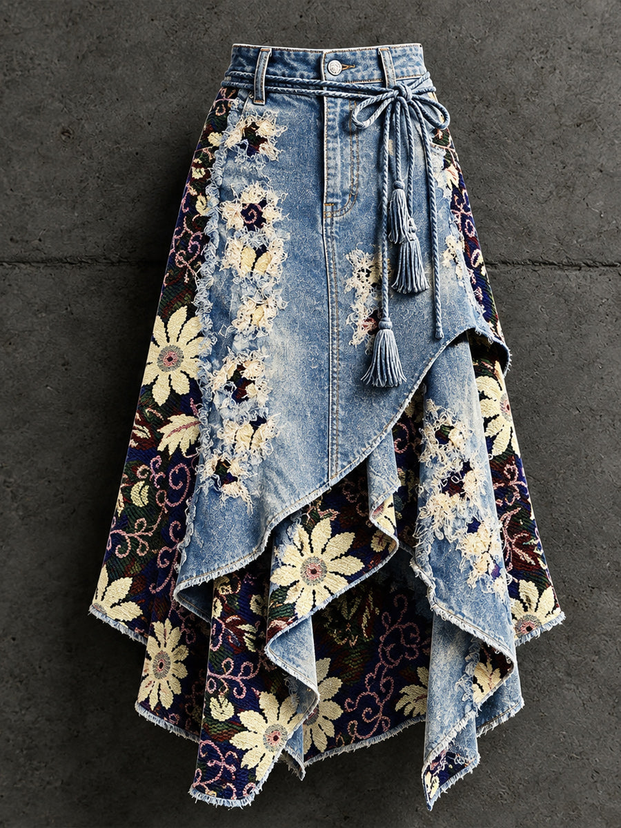 Women's Retro Style Art Print Irregularly Layered Stitched Skirt