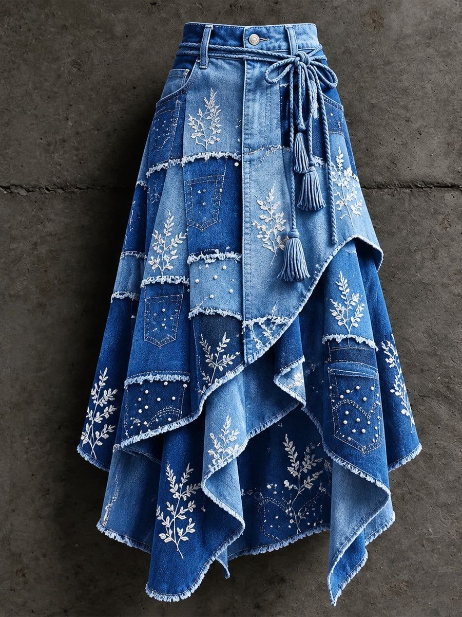 Women's Retro Style Art Print Irregularly Layered Stitched Skirt