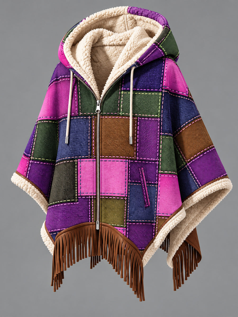 Women's Fall Winter Vintage Art Fleece-Lined Hooded Fringe Poncho
