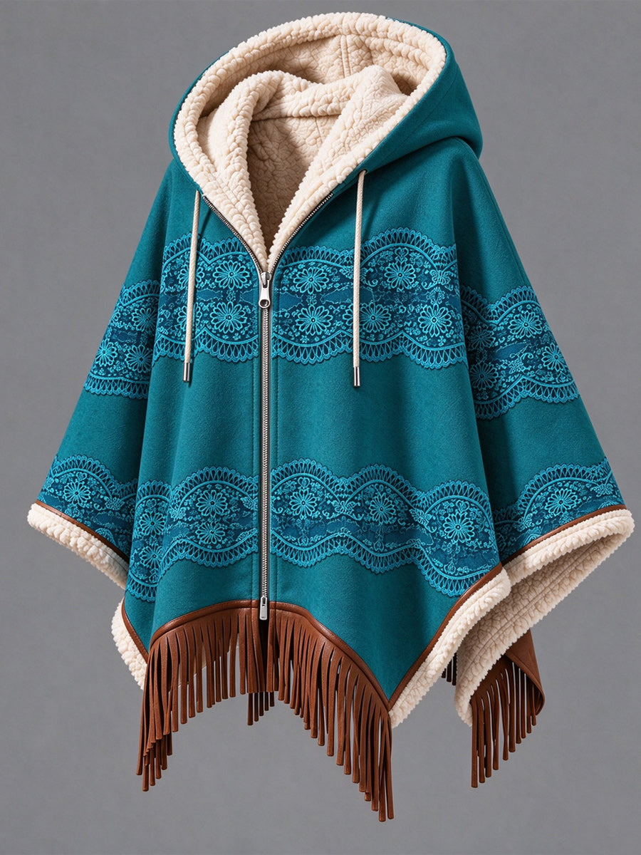 Women's Fall Winter Vintage Art Fleece-Lined Hooded Fringe Poncho