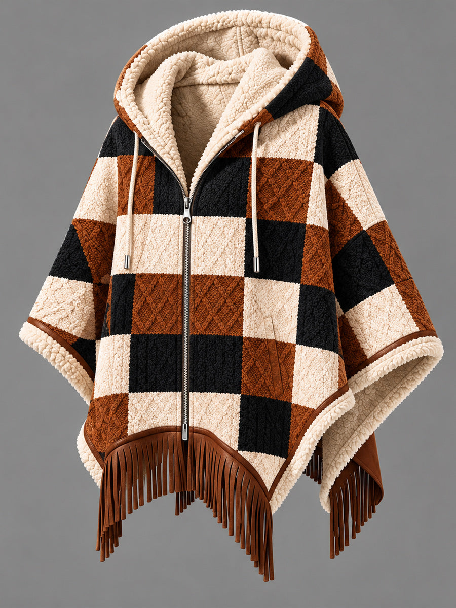 Women's Fall Winter Vintage Art Fleece-Lined Hooded Fringe Poncho