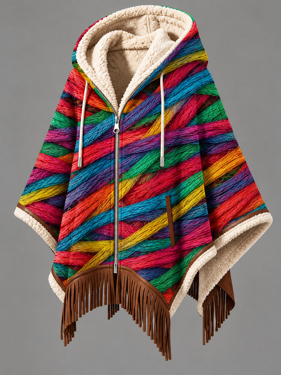 Women's Fall Winter Vintage Art Fleece-Lined Hooded Fringe Poncho