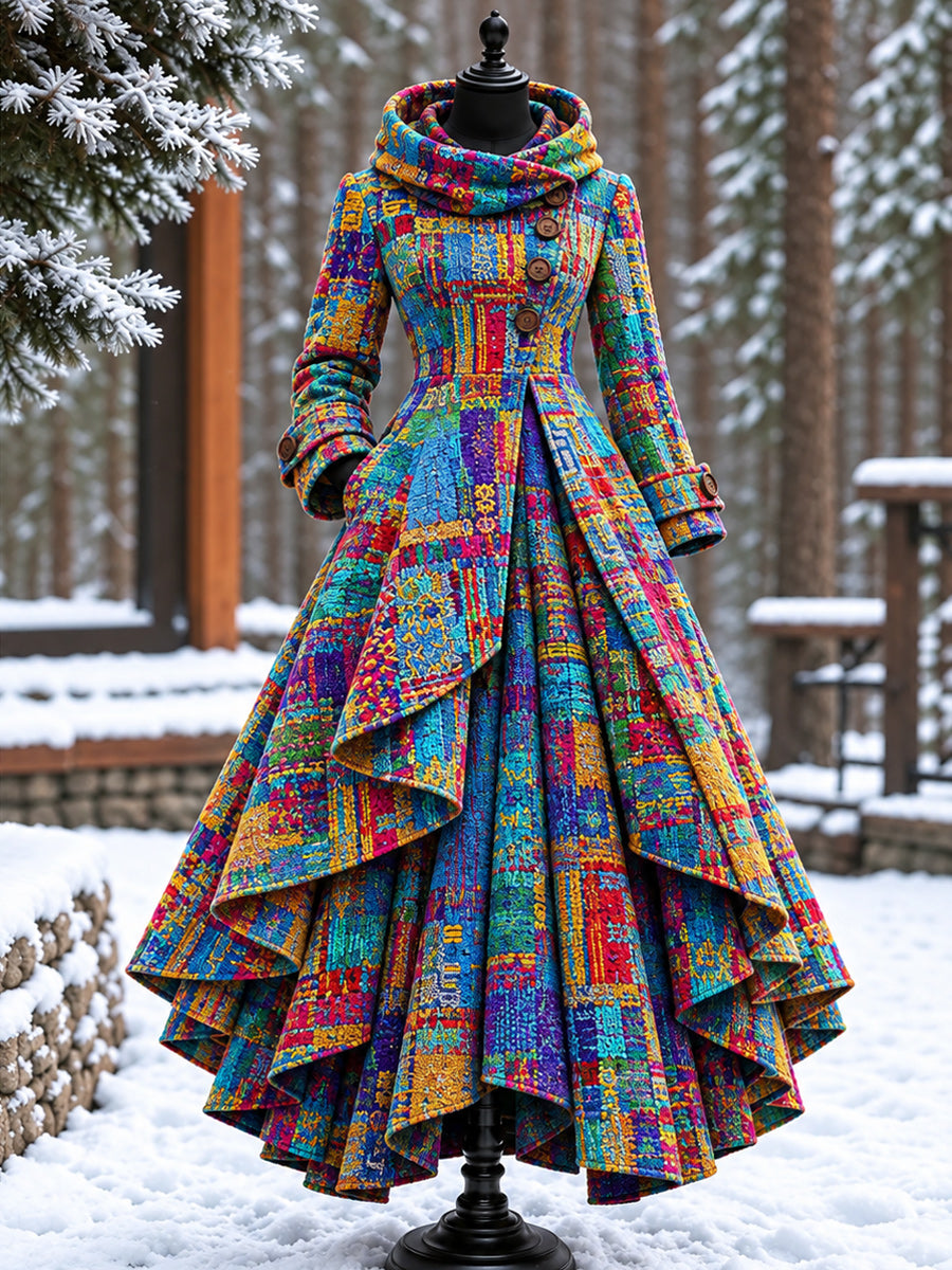 Women’s Vintage High-Collar Asymmetrical Double-Layer Hem Long Maxi Coat